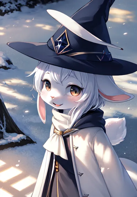 furry,  white fur, Super cute face,  Beautiful Light and Shadow , ambient light, Super precise coat ,rabbit,wizard