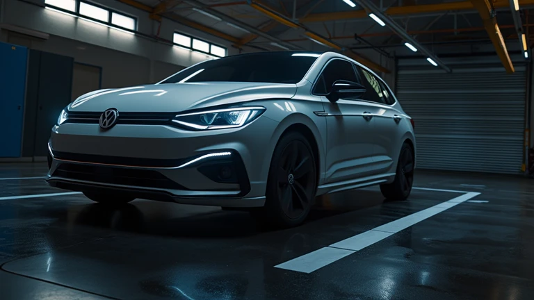 Realistic cinematic ultra HD 8K image of the Volkswagen Virtus's aerodynamic body lines highlighted by soft lighting in a premium car garage. The sleek contours reflect elegance and modernity. Captured with the highest resolution camera.  
