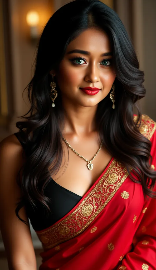 A breathtaking portrait of a young, alluring woman dressed in a vibrant red saree with delicate golden embroidery, draped elegantly over a black blouse with a deep U-cut neckline. Her toned waist is accentuated by the graceful folds of the saree, revealing...