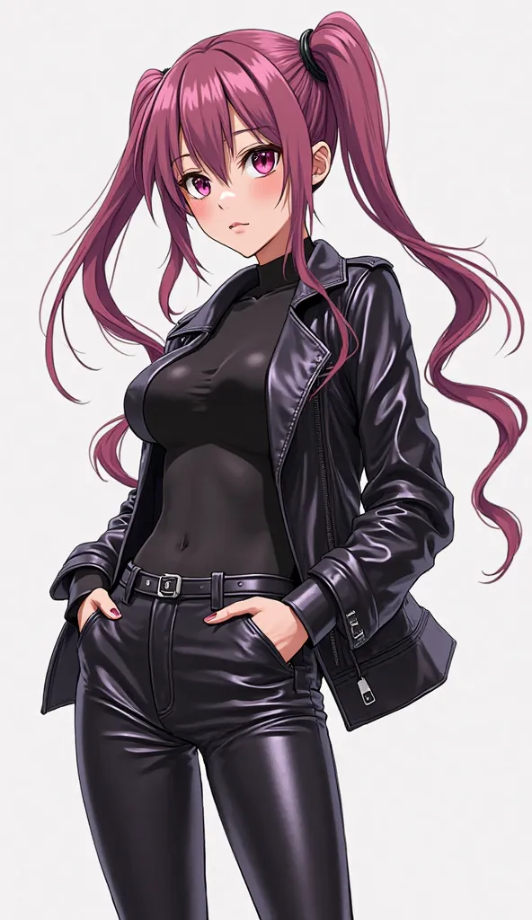 Japanese anime age woman with long smooth dark ash pink hair with two pigtails and short locks and intense magenta eyes and wears a black top and a shiny leather jacket and shiny tight leather pants and black ankle boots with a white bottom and full body 