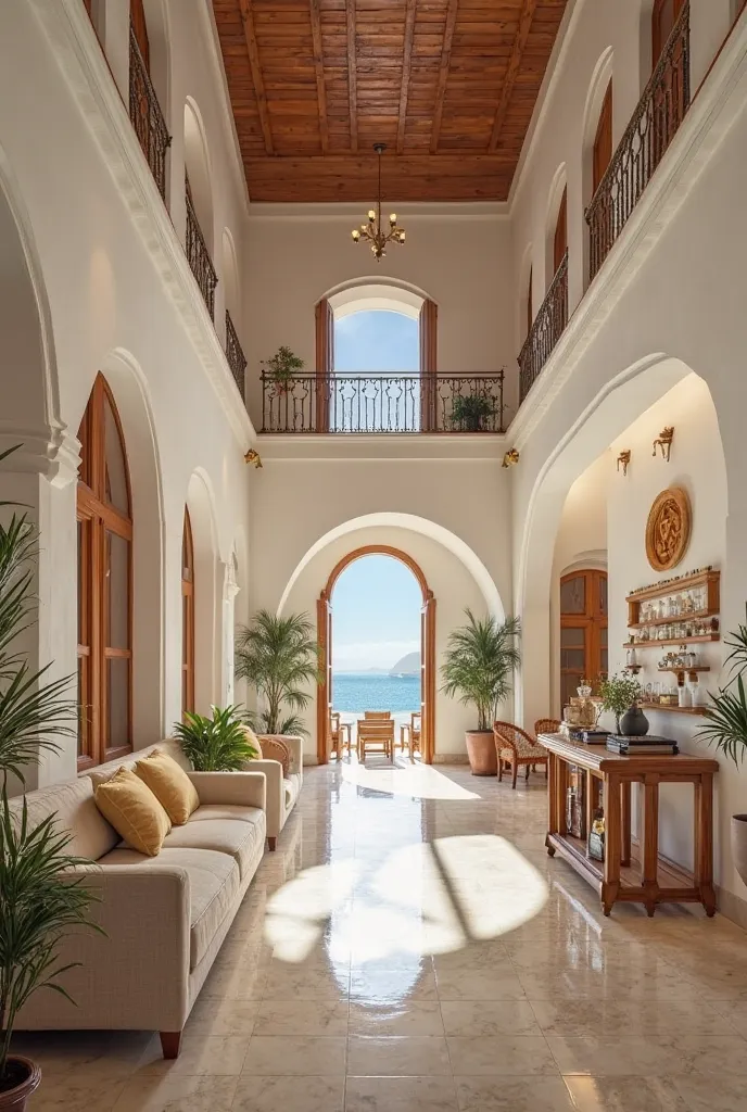 Floor 1-2: The main lobby area is designed with high ceilings and characteristic curved door arches Mediterranean style. The front desk features marble and natural wood furnishings, for luxury and coziness. This lounge area features a large Santorinian-sty...