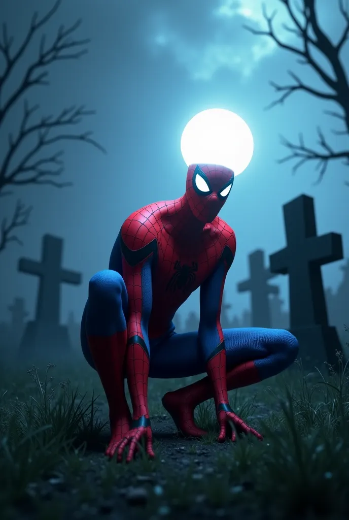 A spooky and mysterious scene at a graveyard with a supernatural twist. A heroic figure resembling Spider-Man, wearing a vibrant red and blue suit with glowing white eyes, is crouching in the foreground. Instead of a traditional head, the figure has a ligh...