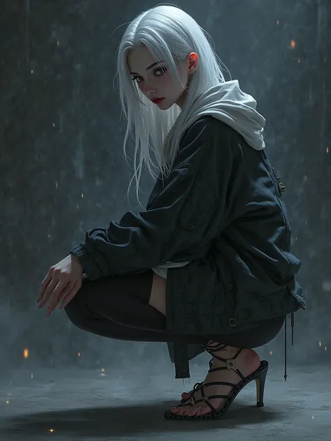 Dark white-haired anime girl wearing a hooded jacket,open leggings and huaraches with mini heel while crouching