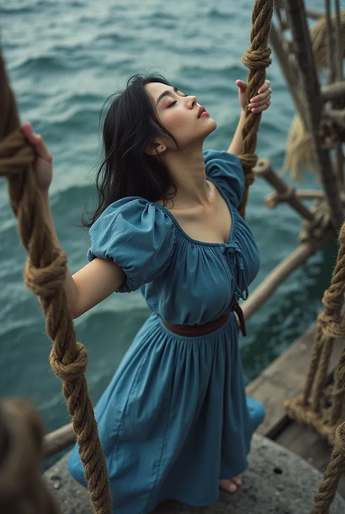 A 21’s japanese beauty is arested in a castle By 3 men. Arms are tihgten with rope on the back and hanged from sailing. Her head is tilting backward. blue dress with short sleev. skirt is leg length. Eyes are closed. 