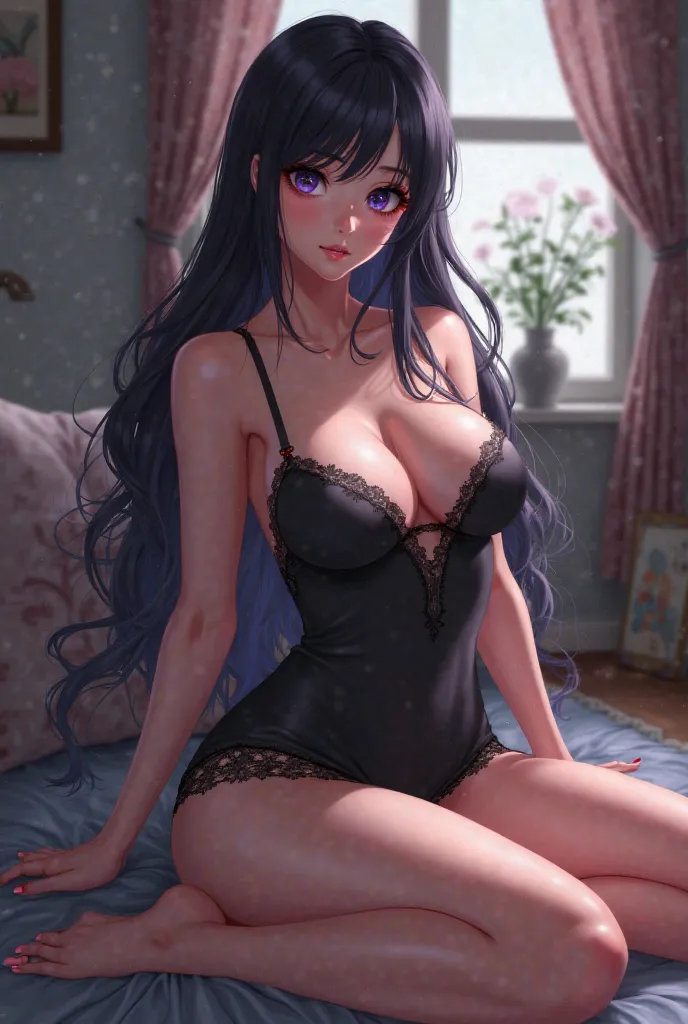 1 woman, long hair, black hair, high resolution,  Precise, Anatomically Correct, big boobs, violet eyes, home dress,  short skirts, anime, sexy