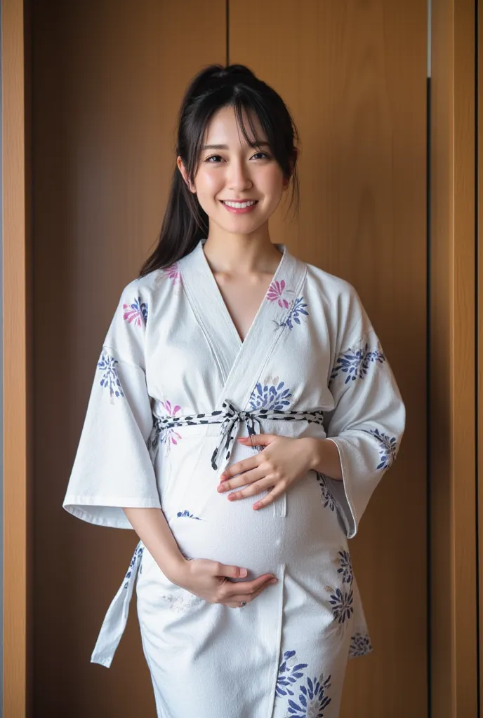 (Highest quality、4K、Hi-Res)、front view、A woman wearing an open yukata、Nipples and underpants are visible、Last month of pregnancy、old man with t and pants visible grabs woman from behind、poor bust、hostel、Smiling at the camera、ponytail、