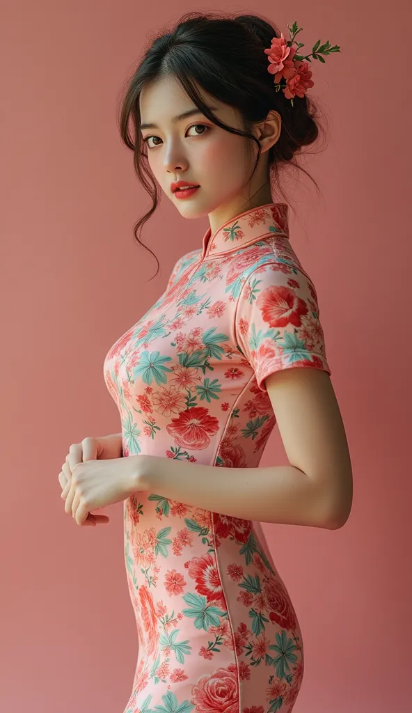 illustration by artgerm,ayami kojima,attractive woman,perfect body,hyperfeminine curves,floral body hugging cheongsam,cute and playful,vibrant,emotive expressions,(best quality,4k,8k,highres,masterpiece:1.2),ultra-detailed,(realistic,photorealistic,photo-r...