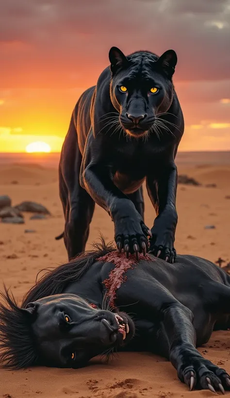 A dramatic and intense scene set in a vast desert at sunset, featuring a Black Panther (sleek, muscular, with glowing yellow eyes) standing dominantly on the body of a fallen horse. The horse is injured and defeated, lying on the sand with visible wounds c...