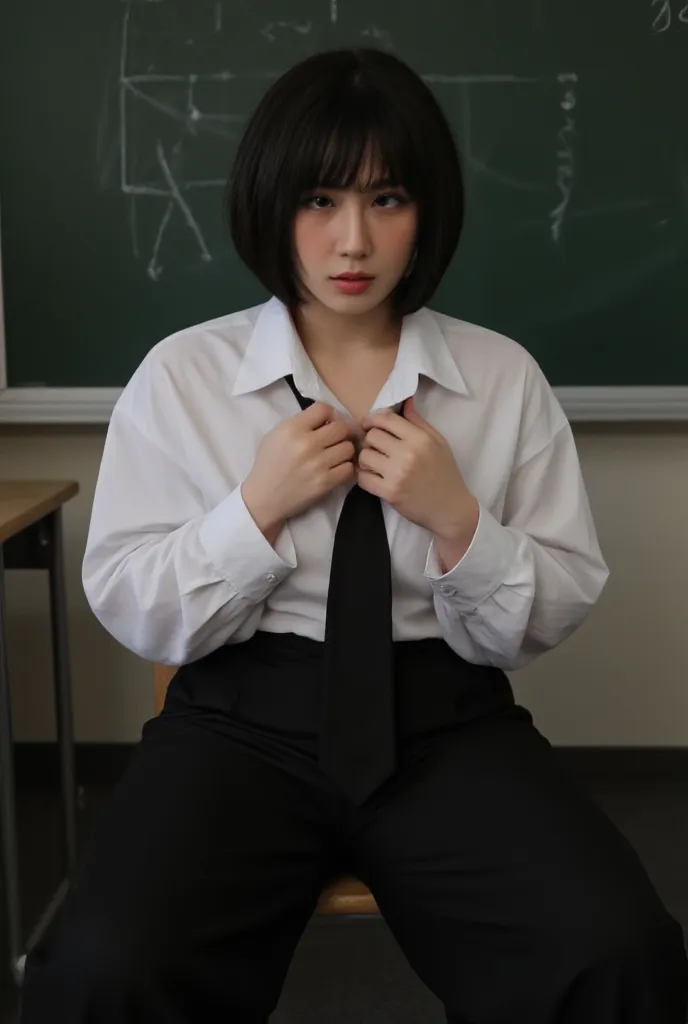 realistic image of japanese sexy modeling women use her hands to groping her breast,she wearing oversized longsleeves white shirt with black new standard neck tie wearing loosed black long pants,she has very big breast very wide hip very slim waist,short b...