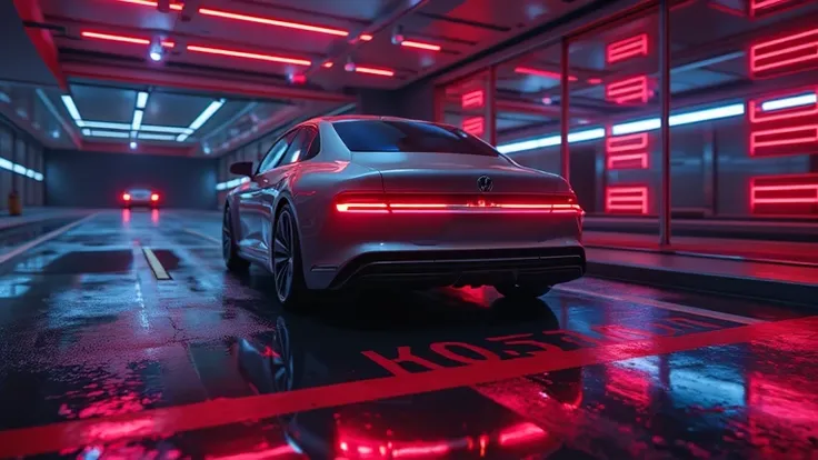 Realistic cinematic ultra HD 8K image of the Volkswagen Virtus driving away from a high-end garage at night, with ambient neon lights reflecting on its glossy body. The taillights create a futuristic glow. Captured with the highest resolution camera.  
