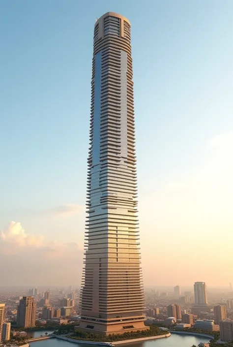 A landscape picture of a skyscraper consisting of 30 floors, each ten floors. There is a conversion role, meaning that the skyscraper consists of 32 floors centered on a podium. It is not necessary to stay in the text. It means making it a realistic show i...