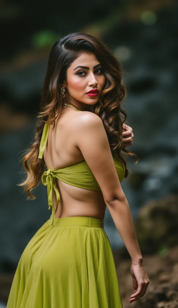 A colombian teacher,cleavage,full body,front view,big boobs,cleavage,wide hips,curvy figure,bending forward((doggy style)),on ground,big ass ,big tits,massive cleavage , transparent shirt,mrunal thakur,cleavage,curly hair,red lipstick,realistic