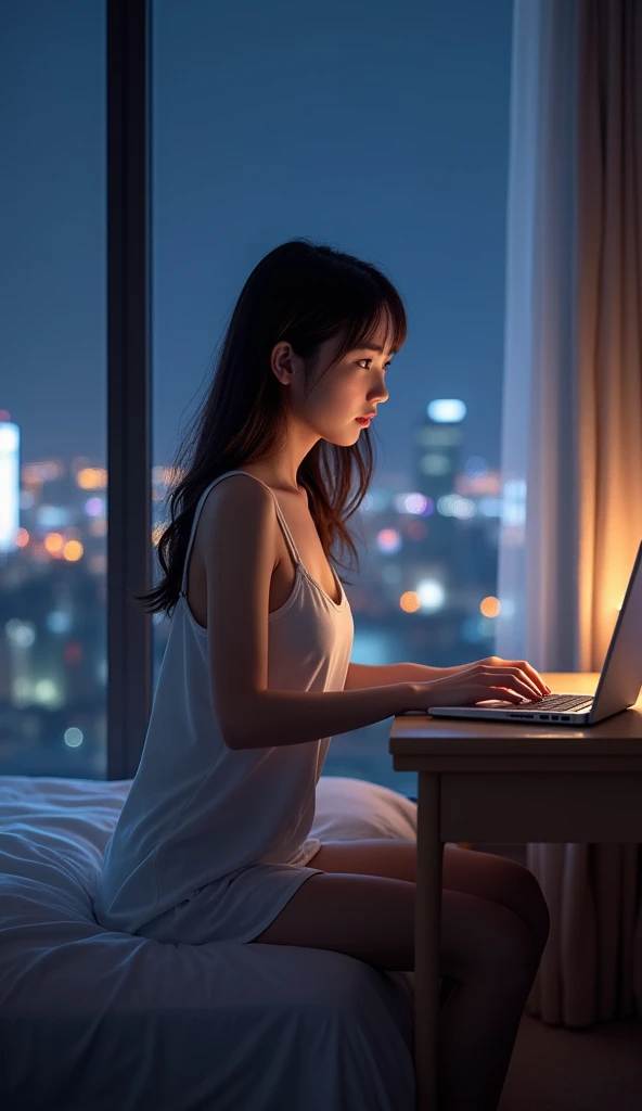 (Realistic, sharp, high-resolution image)
20-year-old Japanese woman
Beautiful face, good figure, big eyes, long brown hair
Wearing pajamas, tank top, shorts
Sitting working on a desk with a laptop
Nighttime atmosphere in the bedroom
There is a large windo...