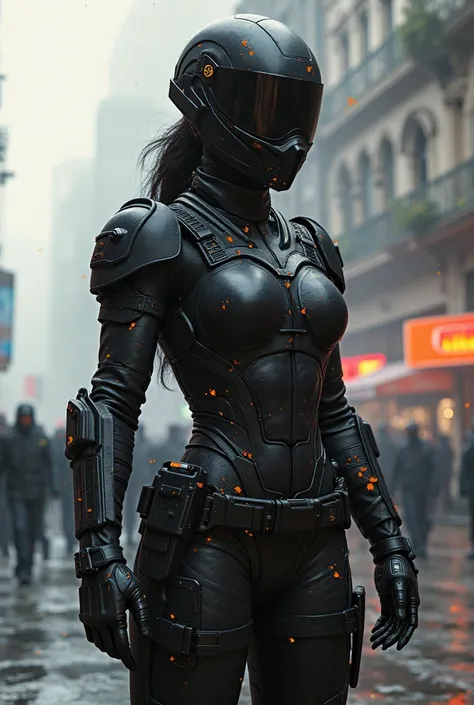 Sexy female police officer in riot gear, wearing a leotard and helmet with mask, all black armor and orange uniform, facing away