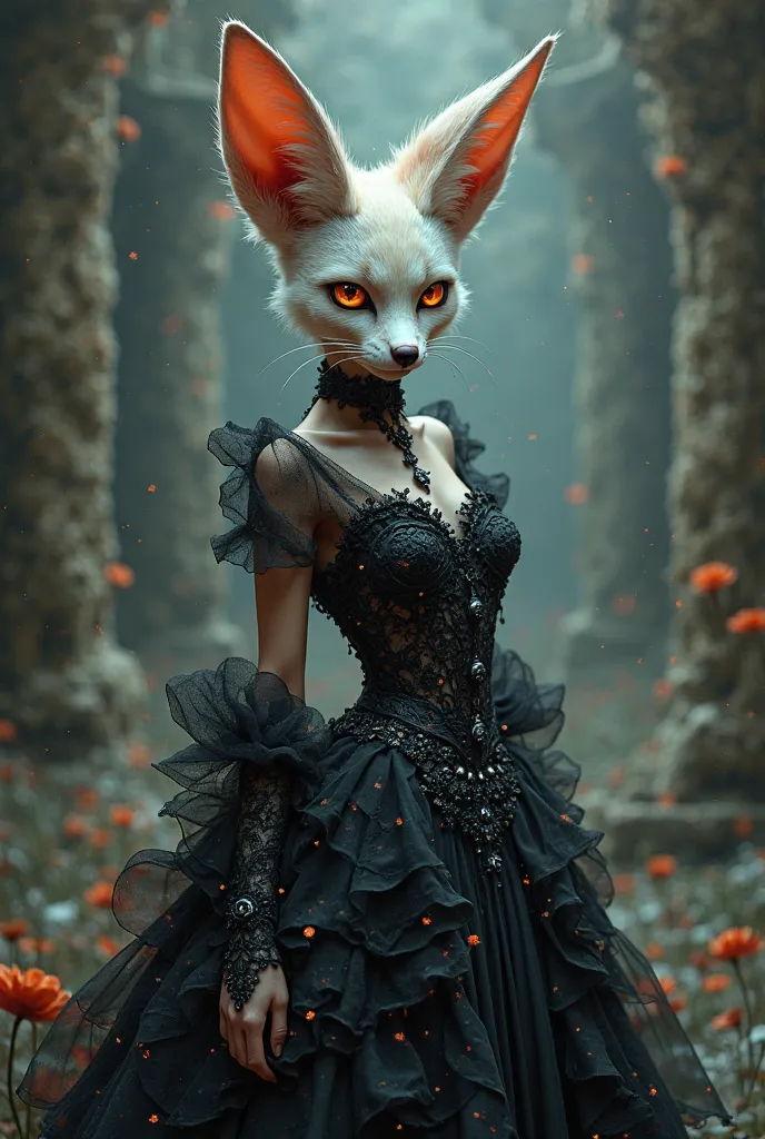 Masterpiece, Goth fashion, Fennec fox, solo, digital art, female, gothic dress, anthro character,