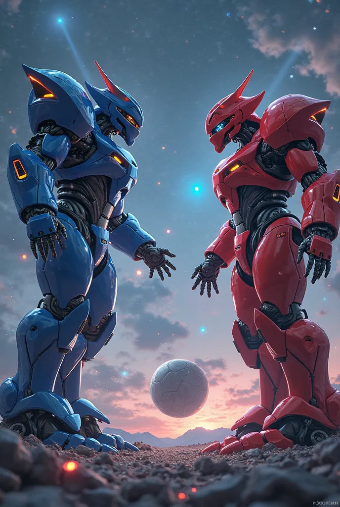 RED VS BLUE ROBOT IN THE SPACE WITH SOCCER BALL PLANET