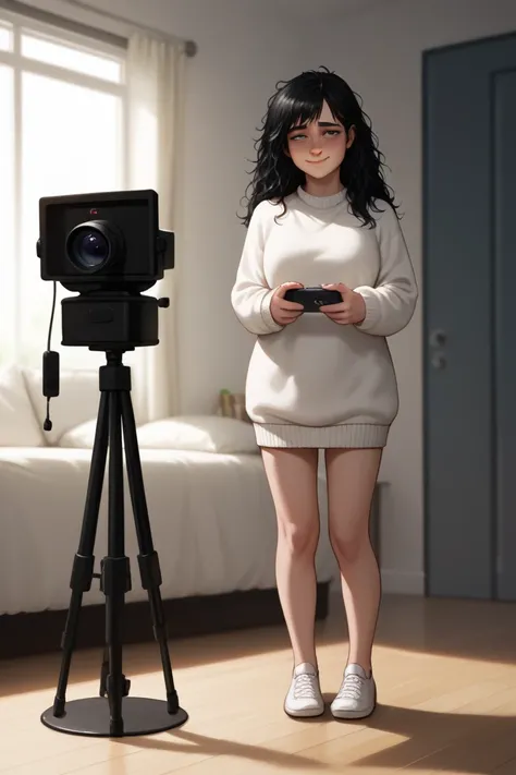 Moderately attractive girl,  messy hairstyle , 1,55,  shy and nervous smile ,  black hair,  loose hair,  white sweater , tired, remote camera,  full body,  en pie