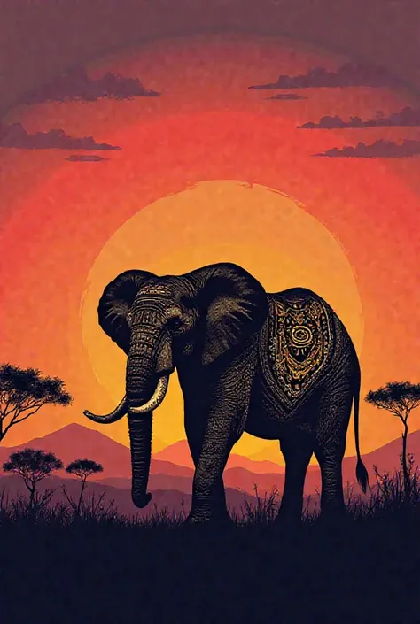 Create a dramatic silhouette artwork of a majestic elephant standing at the edge of a serene savanna at sunset. The silhouette is overlaid with the intricate pattern of tribal ornaments, giving the elephant an ethereal look. The background features a vibra...