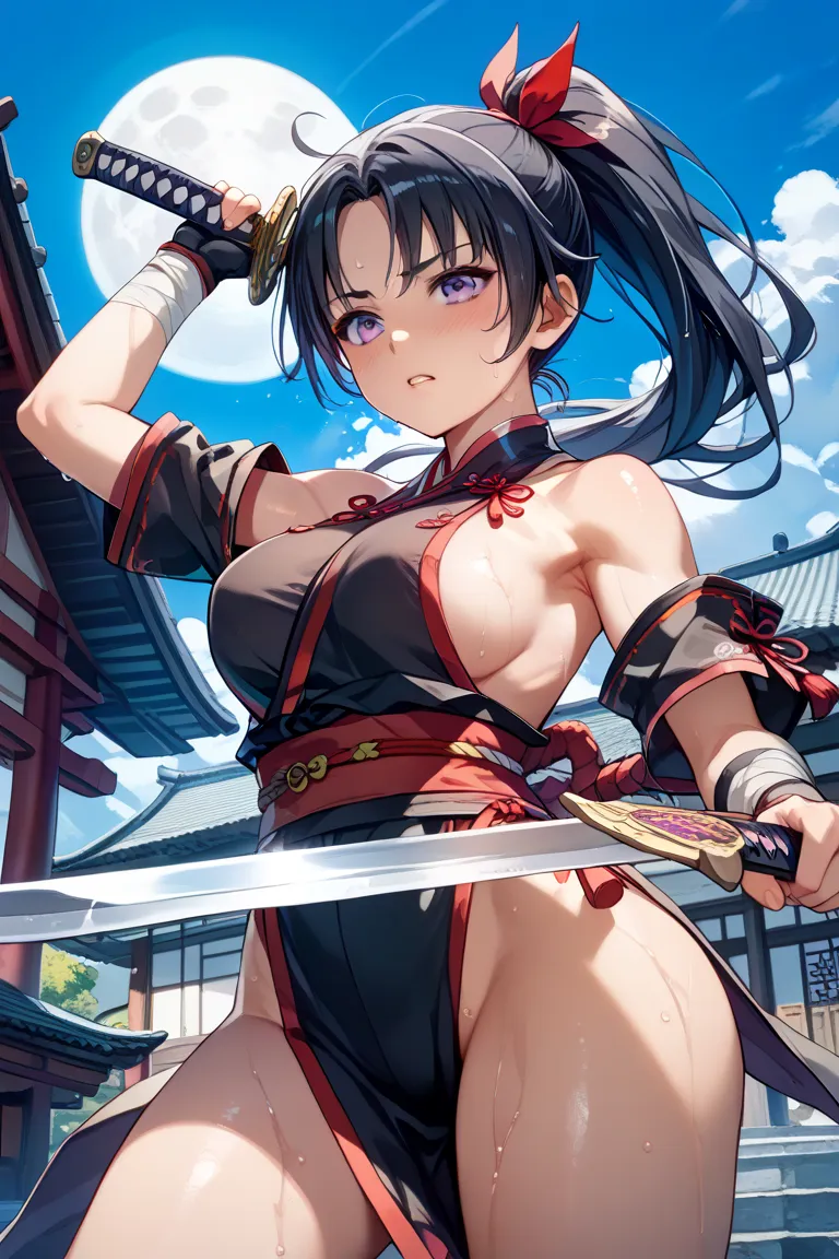 high image quality、Woman taking a breath and looking down、 less exposed、 real 、 purple eyes、 Sakurabuki、Flushed cheeks、slightly sweaty、Wipe sweat from your forehead with your right arm(Hold the handle of the sword with your left hand and hold the blade in ...