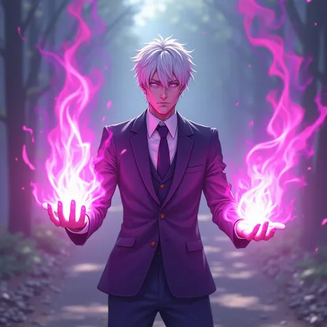 A Man With White Hair, With school-style clothes, With pink and purple fire coming out of the hands Aspirante style. 