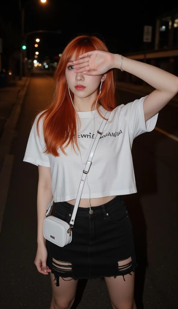 “A young woman with vibrant reddish-orange hair takes a high-angle selfie at night on a dark street, intentionally positioning the camera to exclude her face. She covers her forehead with one hand, emphasizing her stylish hair and outfit. She wears a white...