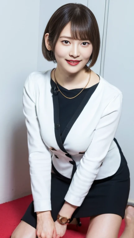 office lady，Company office lady、Saeko Mukoda　Cosplay，White half coat,white skirt, shirt, eyeshadow，red lipstick，smile，bob cut， soft big breasts，slender body，necklaces，earrings，high heels，Beautiful chest， pretty face， real face，perfect face、Japanese Female，...