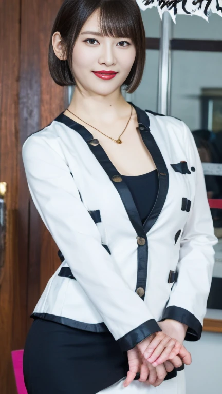 office lady，Company office lady、Saeko Mukoda　Cosplay，White half coat,white skirt, shirt, eyeshadow，red lipstick，smile，bob cut， soft big breasts，slender body，necklaces，earrings，high heels，Beautiful chest， pretty face， real face，perfect face、Japanese Female，...