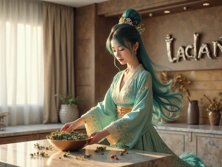 Modern Chinese fusion interior, Ao Run (mythic dragon princess) doing household chores realistically, wearing silk robe with scale-pattern embroidery, hair flowing with teal gradients, smart home walls elegantly displaying "LADAN" in brushed metal typograp...