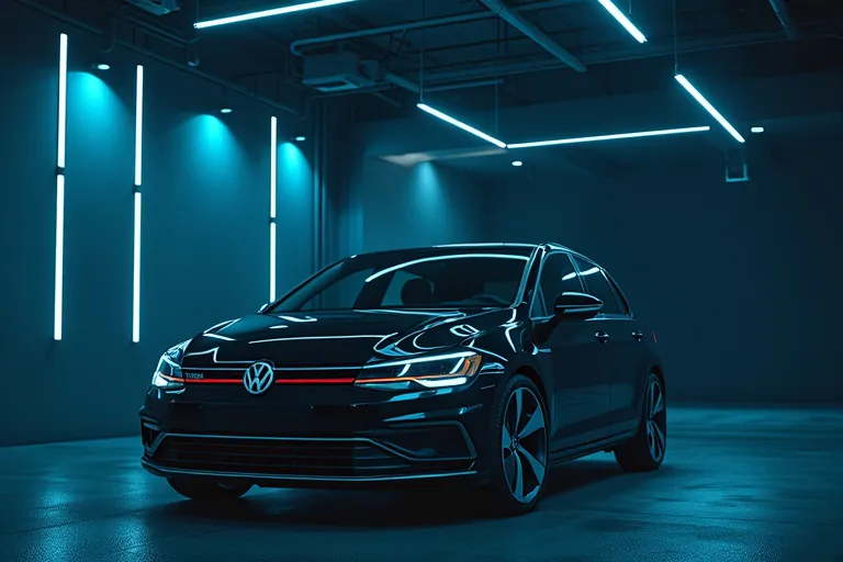 Realistic cinematic ultra HD 8K image of a Volkswagen Virtus parked inside a dimly lit luxury garage, with neon blue accent lights reflecting on its polished metallic body. Captured with the highest resolution camera.  
