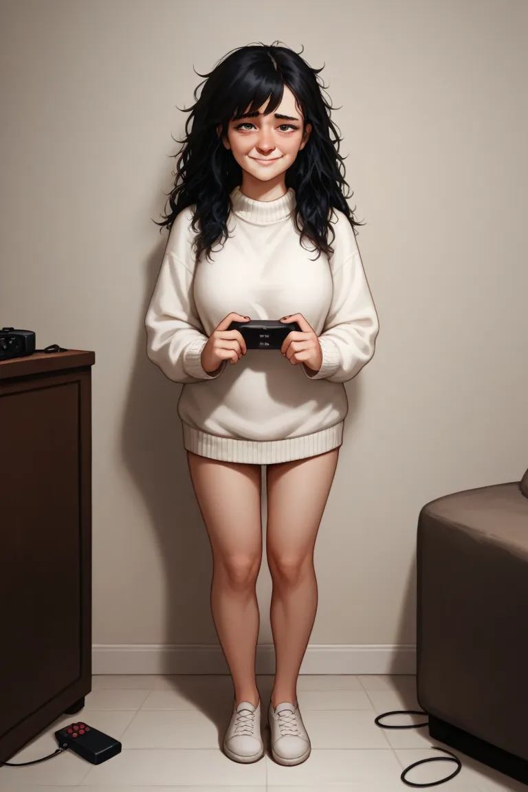 Moderately attractive girl,  messy hairstyle , 1,55,  shy and nervous smile ,  black hair,  loose hair,  white sweater , tired, remote camera,  full body,  en pie