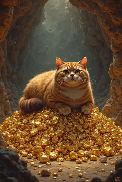 Make a chubby brown cat sit on a pile of gold in a cave