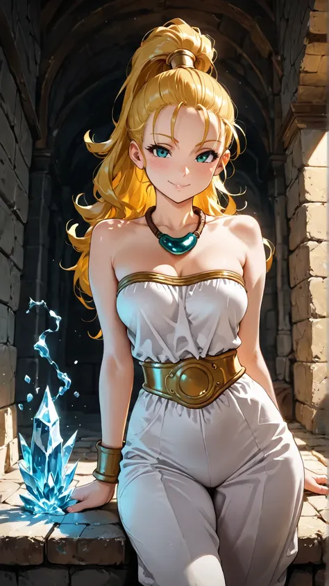 1girl, Marle from Chrono Trigger, thin build, long hair, looking at viewer, standing, ice magic in hands, white jumpsuit, no sleeves or shoulders, teal necklace, seductive smile, medieval city in background, from the knees up, masterpiece, medium breasts, ...