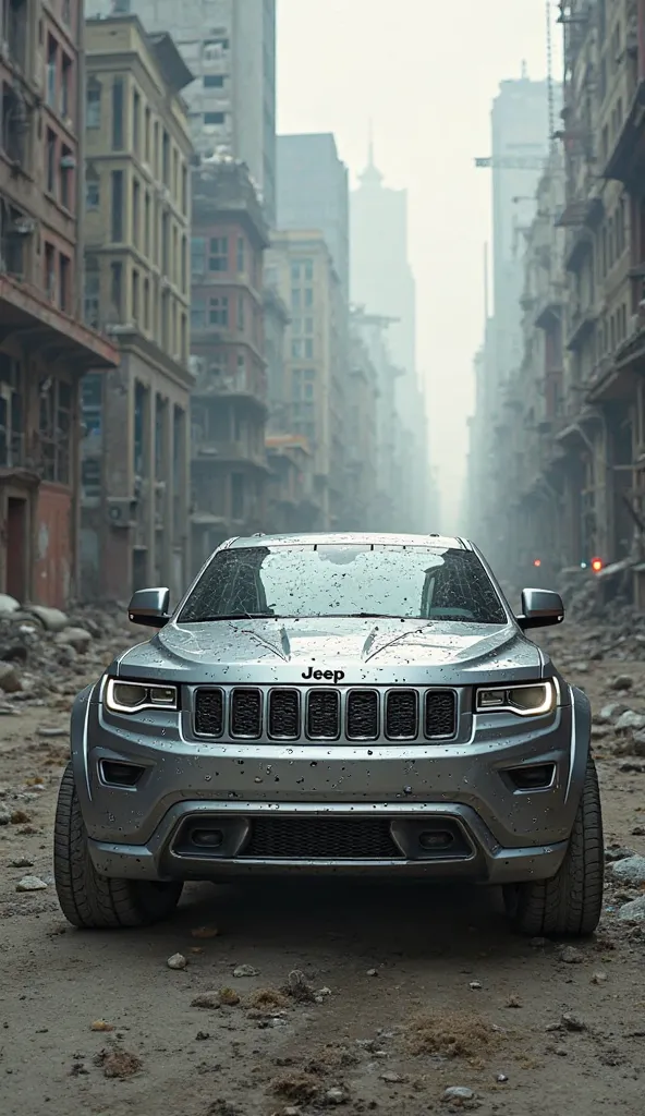 Create intricate design grand cherokee silver with logo "jeep" Futuristic drove on deserted city street