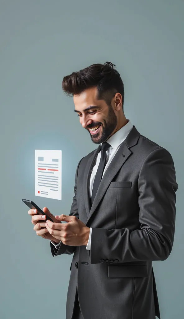  a professional man , happy and confident, facing the observer, wearing a well-fitting dark gray suit. Ele está segurando um celular moderno com as duas hands, positioned at chest height. The man looks directly at the cell phone screen with a light smile a...