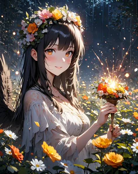  one woman、Fluttering white dress、wearing a colorful flower crown、black straight hair、 Smile、brown eyes、 Black Fallen Angel Wings 、Pouring Meteor Shower、White flower garden、Hi-Res, masterpiece, accurate, 