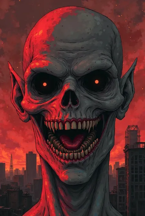 Make the face of a male humanoid being with black eyes and a penetrating, terrifying look, with a wide, grotesque smile. Do it 90s anime style combined with analogue horror. Make the background a destroyed city with a smoky red sky.