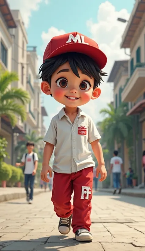 Caricature style An indonesian boy wearing a hat with the ML logo aged s. Wearing a white school shirt and red color pants bearing the name FF is walking down the street with pleasure Real ultrarealistic photo