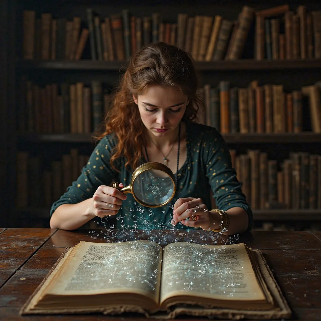  sitting at an ancient ancient library at a large oak table on a table, manuscripts are lying on a table, she has a large magnifying glass in her hands, a lens and she looks at one of the manuscripts that she holds in her hands very closely in front of her...