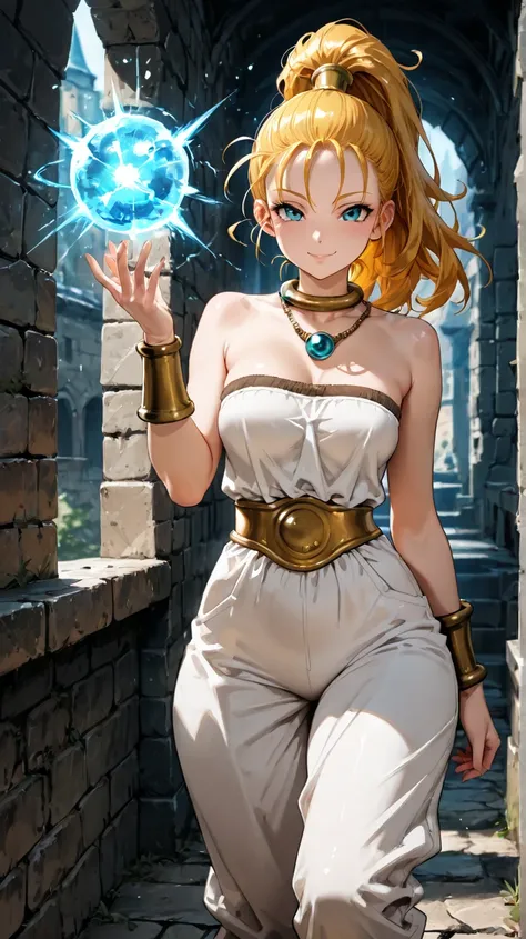 1girl, Marle from Chrono Trigger, thin build, long hair, looking at viewer, standing, ice magic in hands, firing spell at viewer, white jumpsuit, no sleeves or shoulders, teal necklace, seductive smile, medieval city in background, from the knees up, maste...