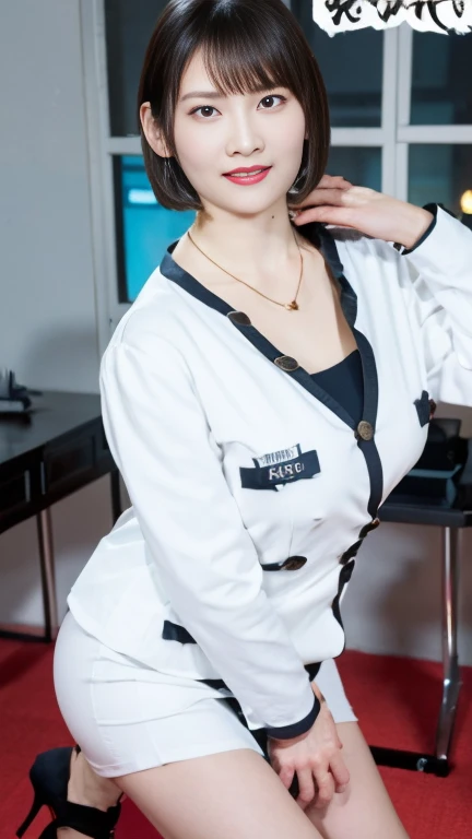 office lady，Company office lady、Saeko Mukoda　Cosplay，White half coat,white skirt, shirt, eyeshadow，red lipstick，smile，bob cut， soft big breasts，slender body，necklaces，earrings，high heels，Beautiful chest， pretty face， real face，perfect face、Japanese Female，...