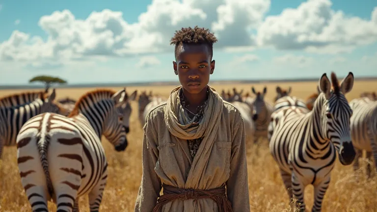 a 15-year-old boy dressed in rags as a herd of zebras in the savannah