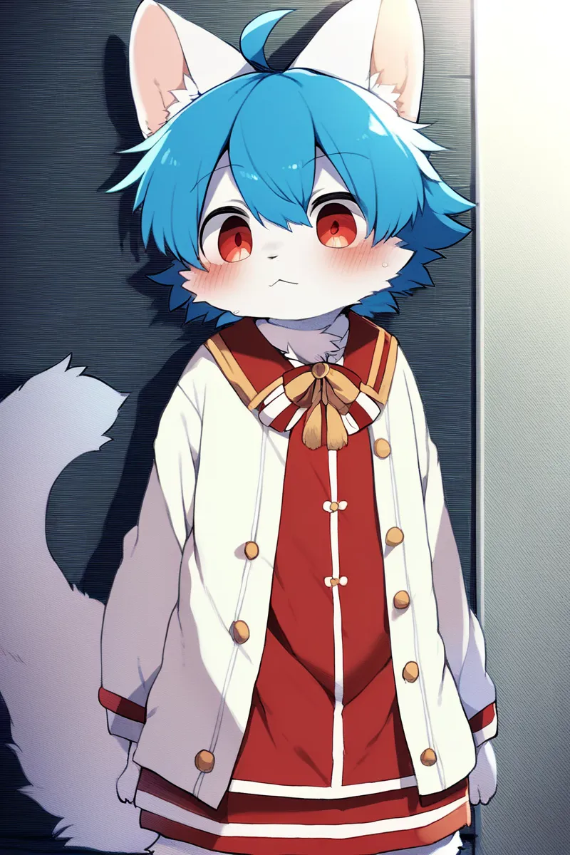 dagasi, score_8_up, score_7_up, score_6, source_furry, source_anime, very detailed, ((furry, (kemono), anthro)), solo, solo focus, furred_cat, long fur, fluffy fur, fluffy tail, white body, red eyes, blue hair, dress, (male:1.5), kawaii, moe, full body, st...