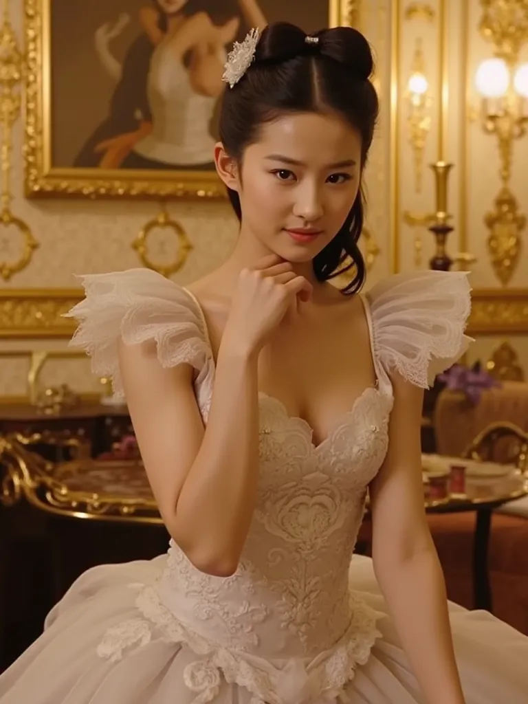 Alice in Wonderland concept style, she (liuyifei woman, aliceinwonderland) she wearing a Sexy lace princess dress, sexy sitting pose in Bedroom in the golden castle