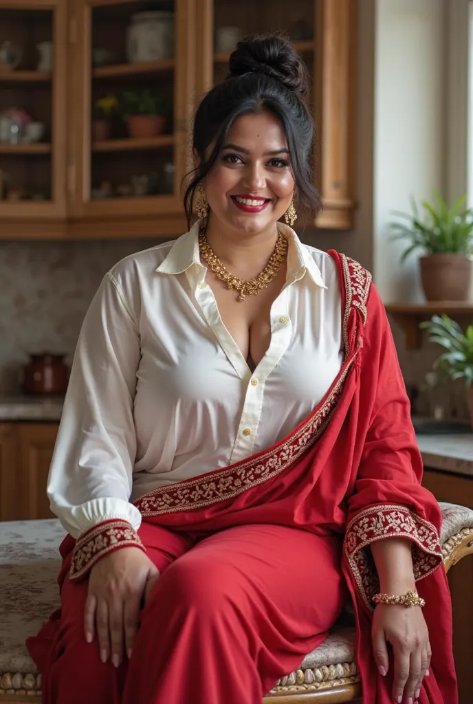 married 40-year-old Indian woman looking at the viewer, wearing shiny finish , in long silk plus size transparent white and red silk blouse , big fat ass ,wide hips,big thighs, large hollowed out chest,  voluptuous body,fat man wide ass ,messy bun, lipstic...