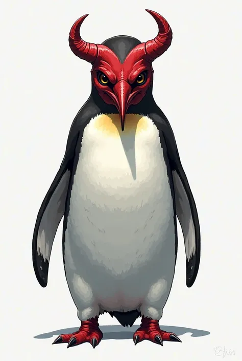 Create a penguin with a human devil mask in drawing 