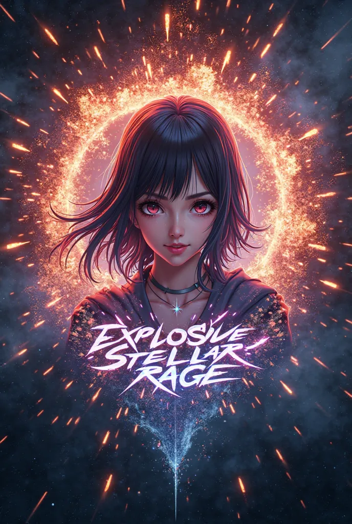 Create a 3D logo for my clan, that has an Explosion in the back and an anime girl in the front with a sign in the center that says: "Explosive Stellar Rage"