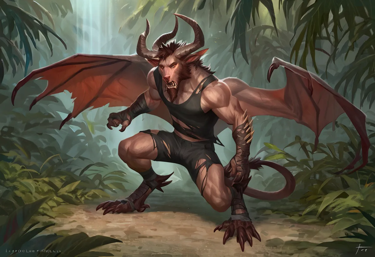 (Solo), man mid transforming into male demon, wings, tail, horns, detailed, painful, best art, masterpiece, quality, newest, jungle background, digitigrade, torn clothes, by laobai, by taran fiddler, partially human