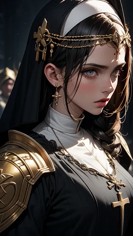 a warrior nun, detailed face, beautiful detailed eyes, beautiful detailed lips, extremely detailed eyes and face, long eyelashes, detailed headdress, detailed armor, dramatic lighting, cinematic composition, epic scale, dramatic pose, complex background, i...