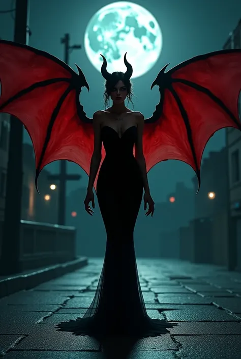 Full Body, Red Bat, Devil's Wings, Seductive Semi-Translucent Black Dress, Pavement, Full Moon, At Night, Darkness