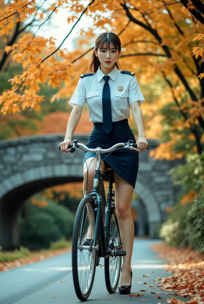 sexy beautiful Japanese woman, a self-defense officer uniform, wearing a white short-sleeve shirt, navy tie, navy pencil mini skirt, sexy black patent high heels, Beautiful hip-line, Beautiful thighs, a Woman gets off bicycle seat and walking with both han...